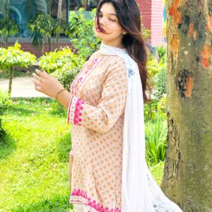 Abhisarika kurti - cream printed kurti with magenta and gold floral pattern - Bangladeshi women's kurti - Kutaj