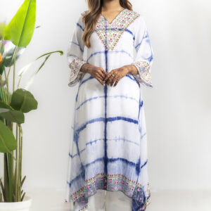 Flared gown style long kurti, linen fabric and screen print design, tie-dye overall
