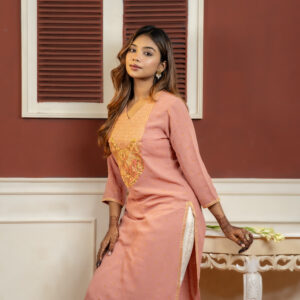 Model standing with deshi kameez featuring elaborate embroidery on yoke